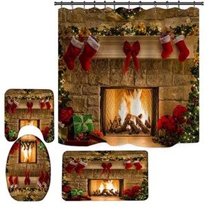 Festive Holiday Christmas Fireplace Shower Curtain Set